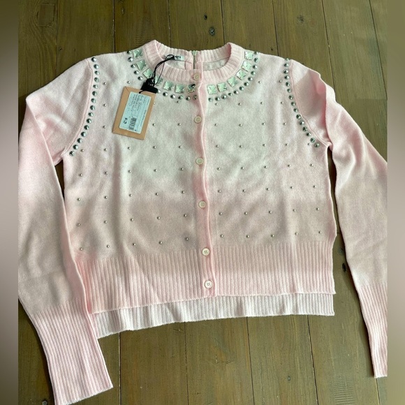 Miu Miu WOOL AND CASHMERE CARDIGAN WITH APPLIQUÉS IN ALABASTER PINK NWT - Picture 3 of 7